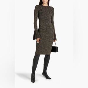 Frame Long Sleeve Metallic Ribbed-Knit Dress Size Large Black Gold Sparkle NWOT